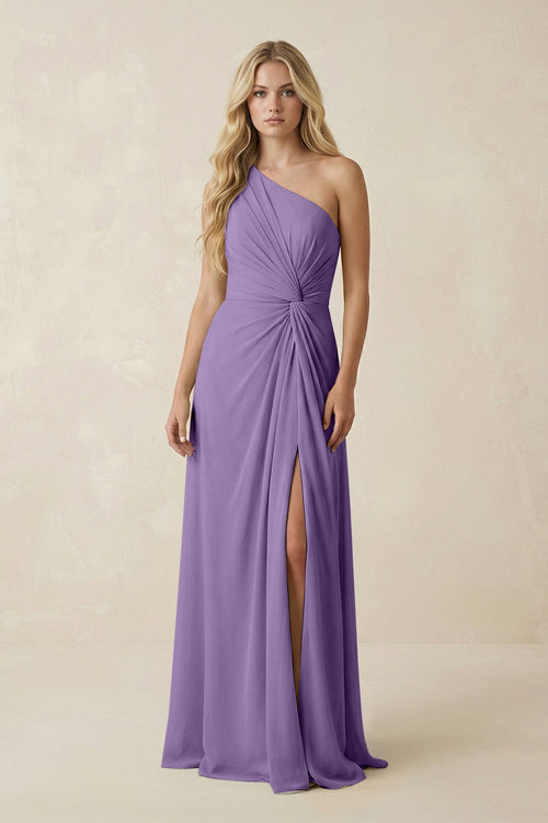 One - Shoulder Ruched A - Line Chiffon Bridesmaid Dress in Tahiti - KissProm Bridesmaid Dresses
