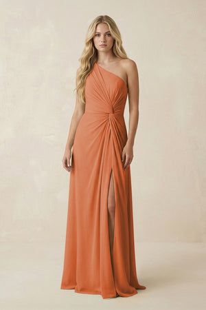 One - Shoulder Ruched A - Line Chiffon Bridesmaid Dress in Terracotta - KissProm Bridesmaid Dresses