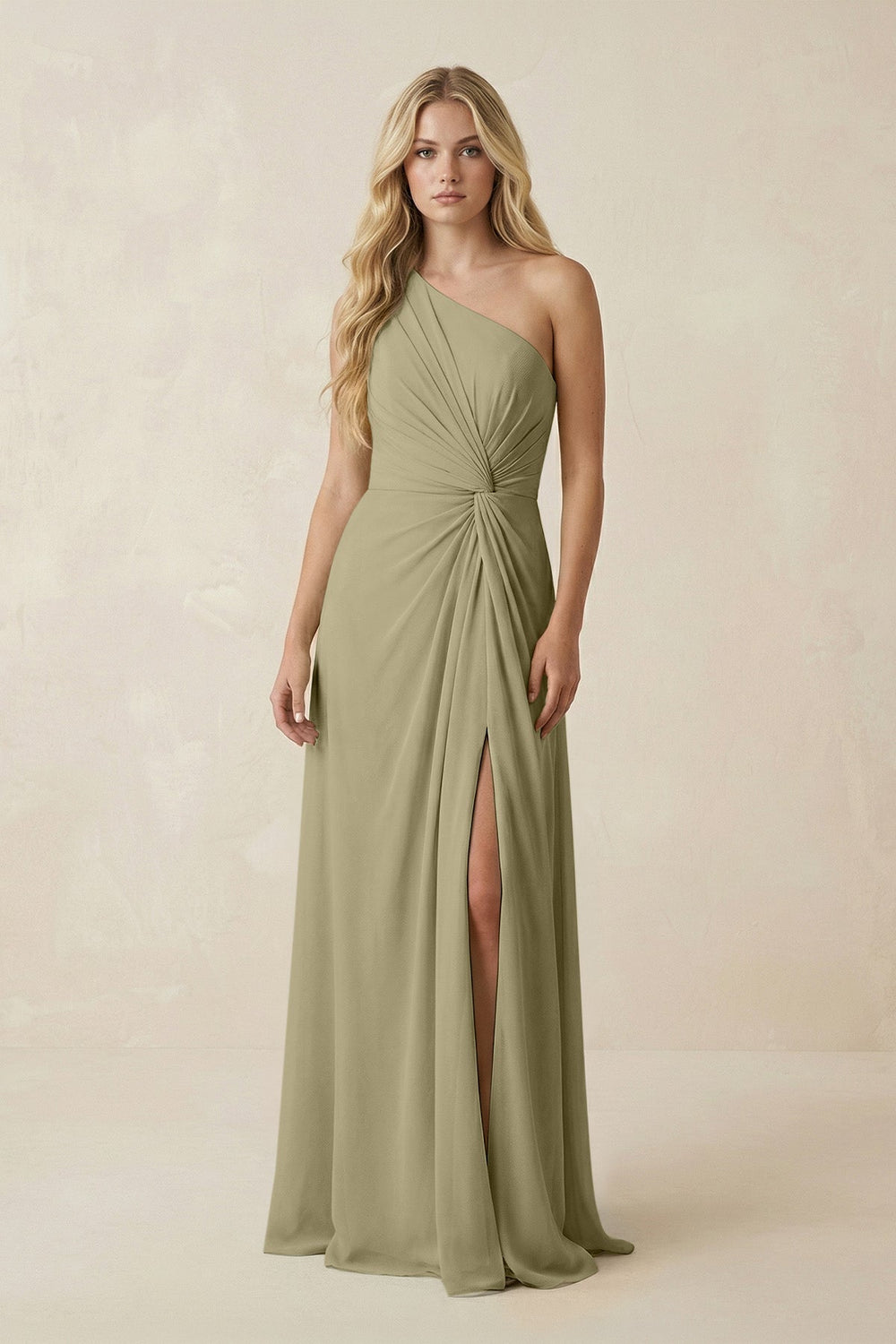 One - Shoulder Ruched A - Line Chiffon Bridesmaid Dress in Thyme - KissProm Bridesmaid Dresses