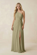 One - Shoulder Ruched A - Line Chiffon Bridesmaid Dress in Thyme - KissProm Bridesmaid Dresses