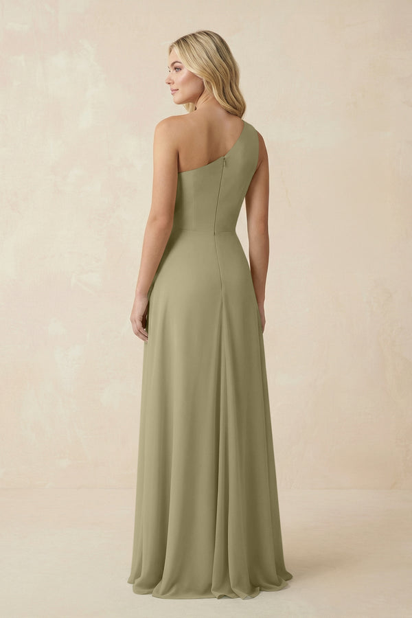 One - Shoulder Ruched A - Line Chiffon Bridesmaid Dress in Thyme - KissProm Bridesmaid Dresses