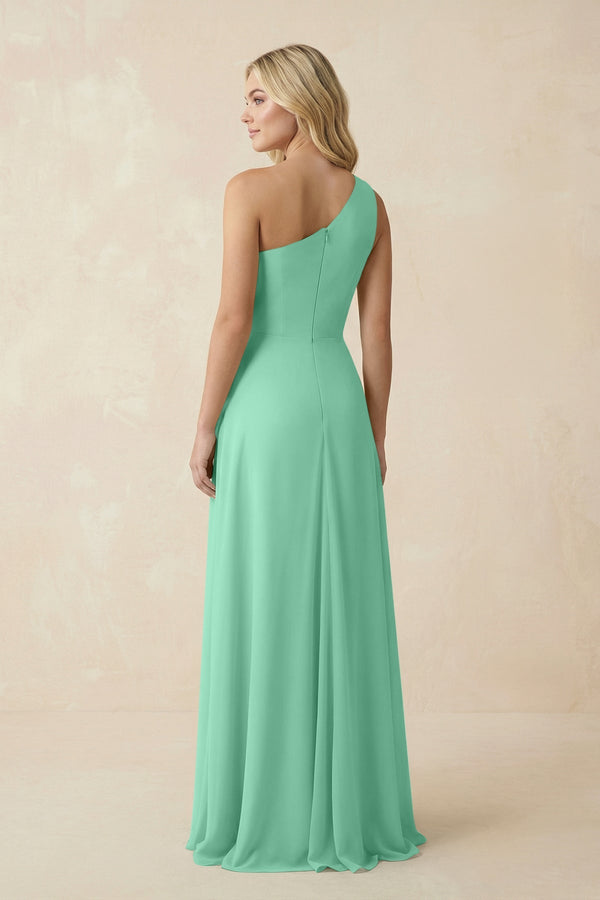 One - Shoulder Ruched A - Line Chiffon Bridesmaid Dress in Turquoise - KissProm Bridesmaid Dresses