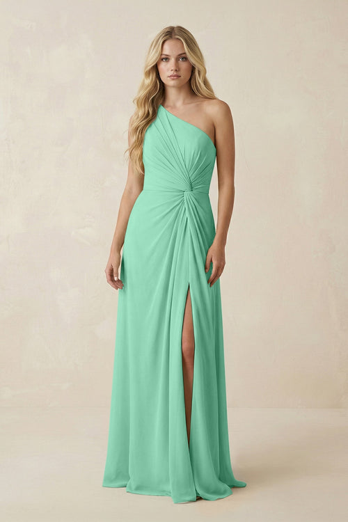 KissProm One-Shoulder Ruched A-Line Chiffon Bridesmaid Dress in Turquoise, Turquoise / Custom Size( Free )