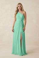 One - Shoulder Ruched A - Line Chiffon Bridesmaid Dress in Turquoise - KissProm Bridesmaid Dresses