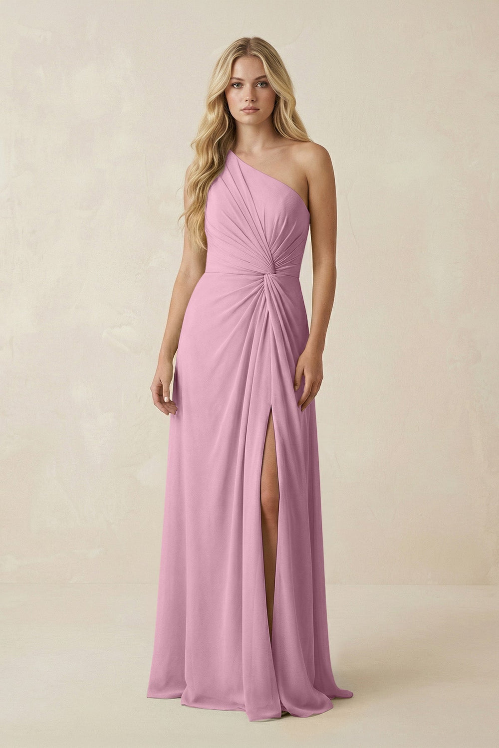 One - Shoulder Ruched A - Line Chiffon Bridesmaid Dress in Vintage Mauve - KissProm Bridesmaid Dresses
