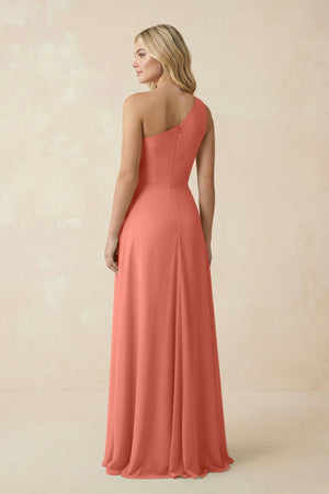 One - Shoulder Ruched A - Line Chiffon Bridesmaid Dress in Wild Rose - KissProm Bridesmaid Dresses