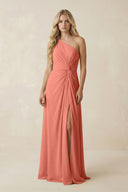 One - Shoulder Ruched A - Line Chiffon Bridesmaid Dress in Wild Rose - KissProm Bridesmaid Dresses