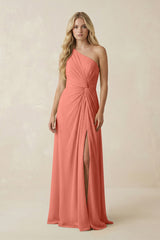 One - Shoulder Ruched A - Line Chiffon Bridesmaid Dress in Wild Rose - KissProm Bridesmaid Dresses