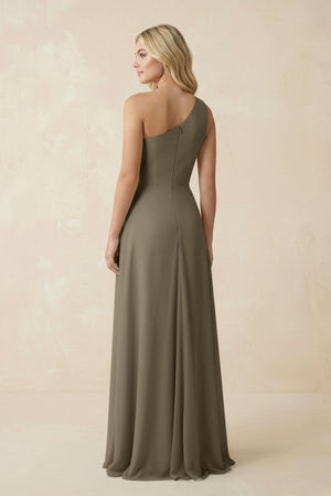One - Shoulder Ruched A - Line Chiffon Bridesmaid Dress in Willow Green - KissProm Bridesmaid Dresses