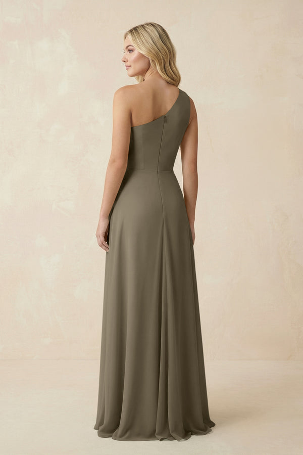 One - Shoulder Ruched A - Line Chiffon Bridesmaid Dress in Willow Green - KissProm Bridesmaid Dresses