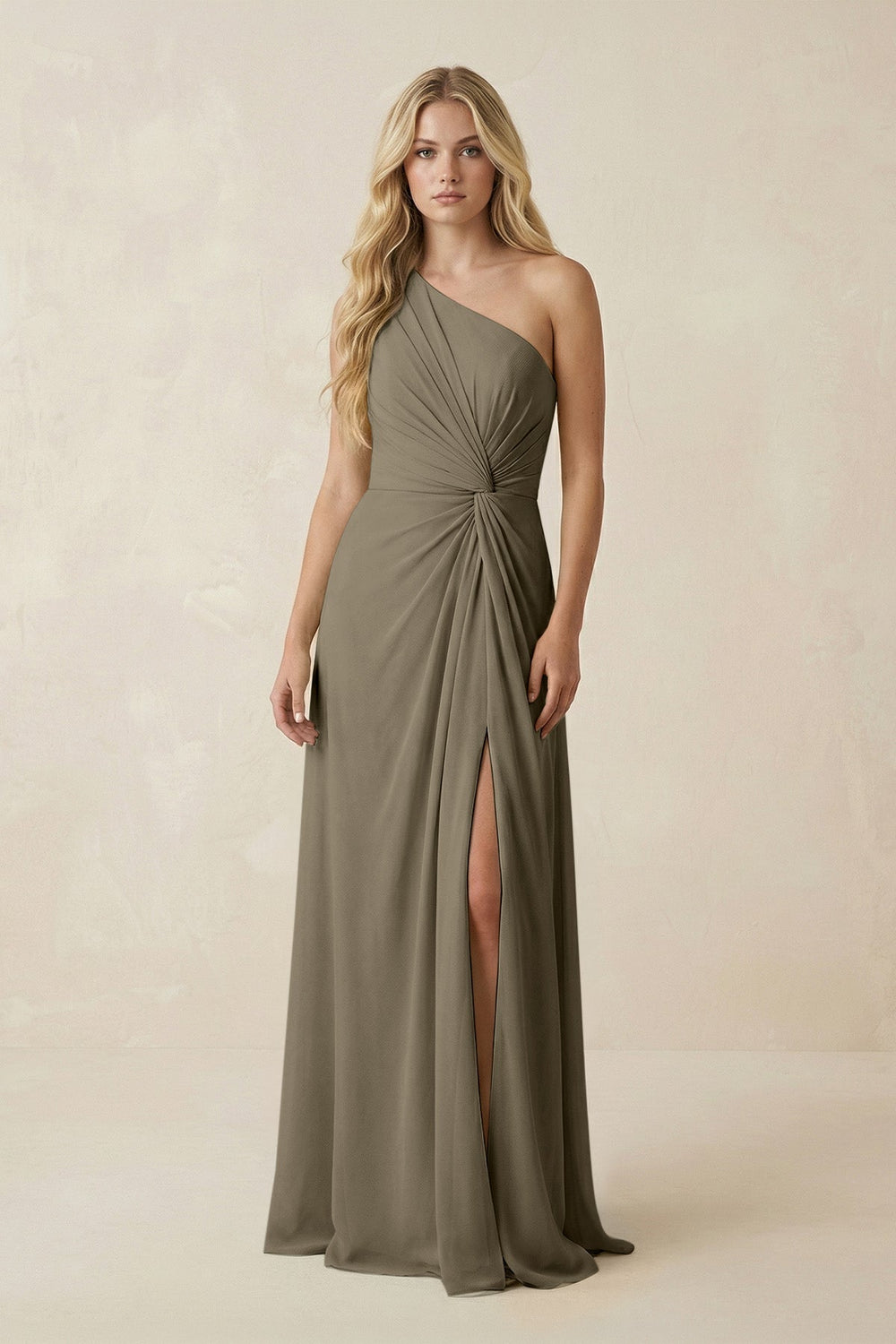 One - Shoulder Ruched A - Line Chiffon Bridesmaid Dress in Willow Green - KissProm Bridesmaid Dresses