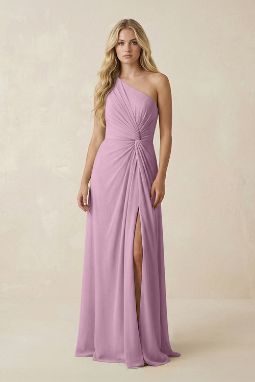 One - Shoulder Ruched A - Line Chiffon Bridesmaid Dress in Wisteria - KissProm Bridesmaid Dresses