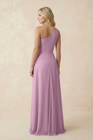 One - Shoulder Ruched A - Line Chiffon Bridesmaid Dress in Wisteria - KissProm Bridesmaid Dresses