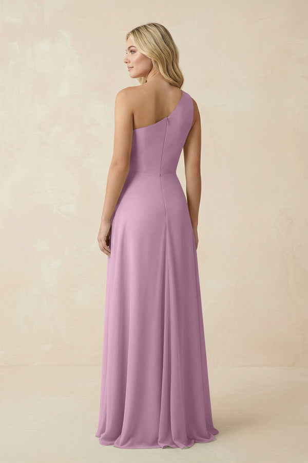 One - Shoulder Ruched A - Line Chiffon Bridesmaid Dress in Wisteria - KissProm Bridesmaid Dresses