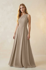 One - Shoulder Ruched A - Line Satin Bridesmaid Dress in Almond - KissProm Bridesmaid Dresses