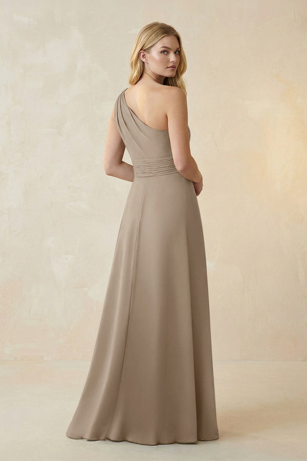 One - Shoulder Ruched A - Line Satin Bridesmaid Dress in Almond - KissProm Bridesmaid Dresses