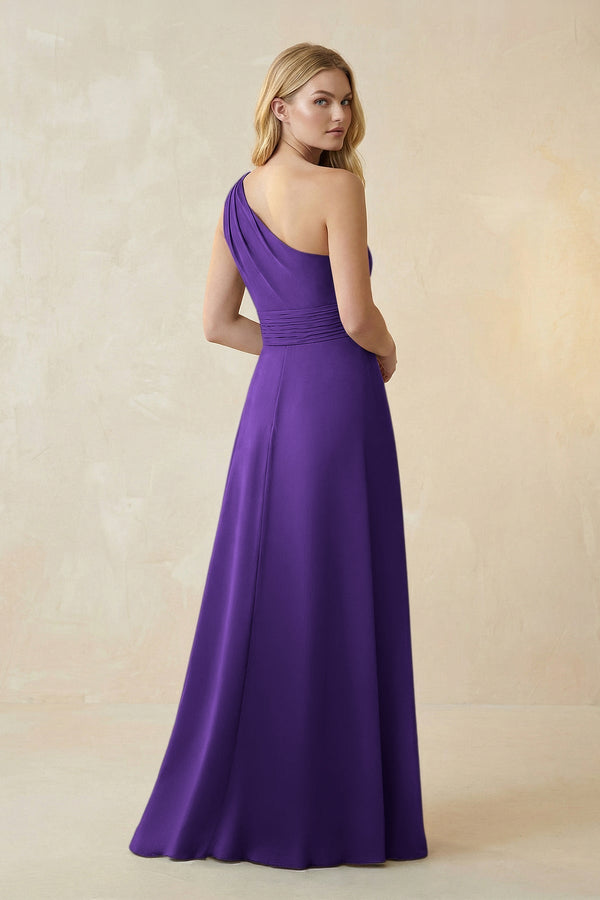 One - Shoulder Ruched A - Line Satin Bridesmaid Dress in Amethyst - KissProm Bridesmaid Dresses