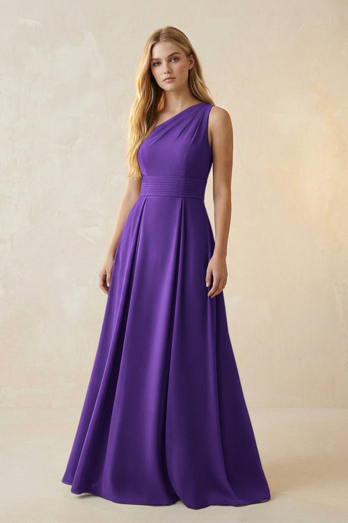 One - Shoulder Ruched A - Line Satin Bridesmaid Dress in Amethyst - KissProm Bridesmaid Dresses