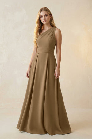 One - Shoulder Ruched A - Line Satin Bridesmaid Dress in Apple Cinnamon - KissProm Bridesmaid Dresses