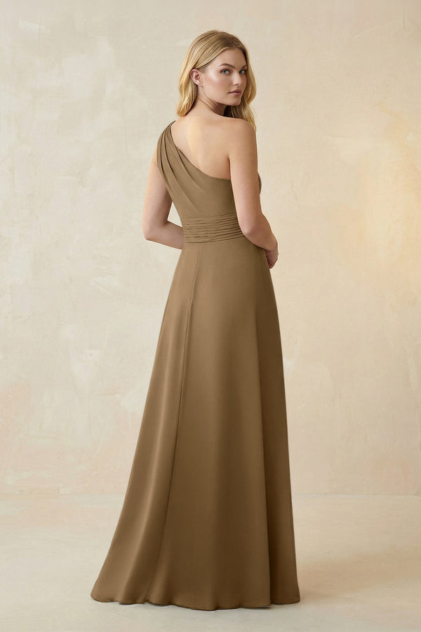 One - Shoulder Ruched A - Line Satin Bridesmaid Dress in Apple Cinnamon - KissProm Bridesmaid Dresses