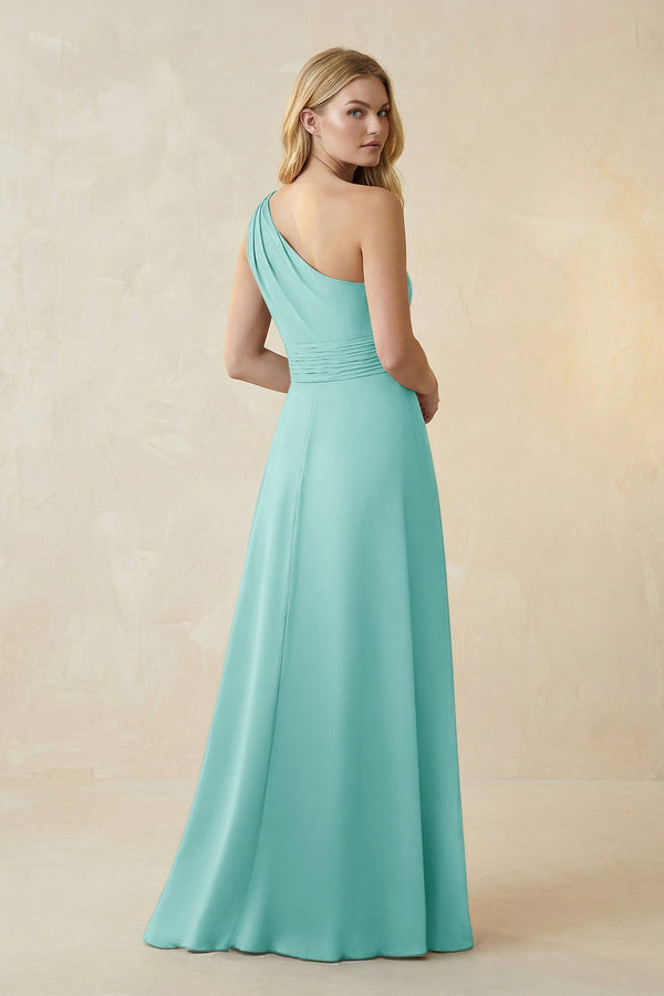One - Shoulder Ruched A - Line Satin Bridesmaid Dress in Aqua - KissProm Bridesmaid Dresses