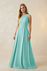 One - Shoulder Ruched A - Line Satin Bridesmaid Dress in Aqua - KissProm Bridesmaid Dresses