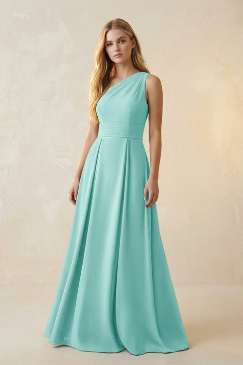 One - Shoulder Ruched A - Line Satin Bridesmaid Dress in Aqua - KissProm Bridesmaid Dresses