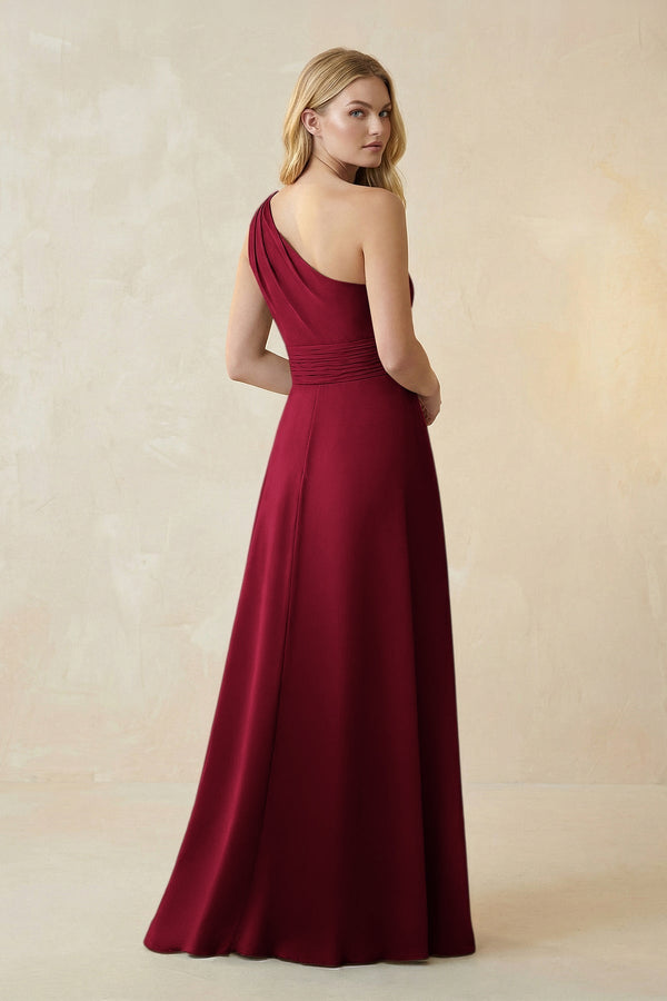 One - Shoulder Ruched A - Line Satin Bridesmaid Dress in Berry - KissProm Bridesmaid Dresses