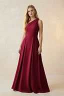 One - Shoulder Ruched A - Line Satin Bridesmaid Dress in Berry - KissProm Bridesmaid Dresses