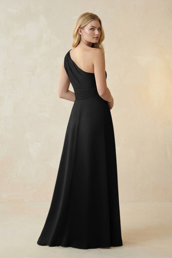 One - Shoulder Ruched A - Line Satin Bridesmaid Dress in Black - KissProm Bridesmaid Dresses