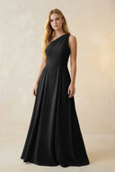 One - Shoulder Ruched A - Line Satin Bridesmaid Dress in Black - KissProm Bridesmaid Dresses