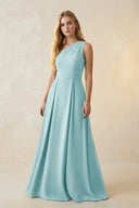 One - Shoulder Ruched A - Line Satin Bridesmaid Dress in Bleached Aqua - KissProm Bridesmaid Dresses