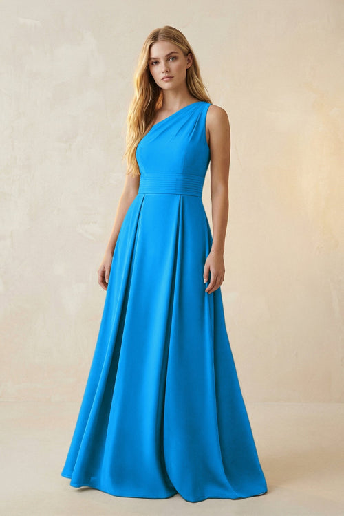 One - Shoulder Ruched A - Line Satin Bridesmaid Dress in Blue Jay - KissProm Bridesmaid Dresses