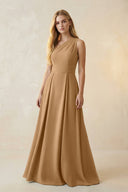 One - Shoulder Ruched A - Line Satin Bridesmaid Dress in Bronzer - KissProm Bridesmaid Dresses
