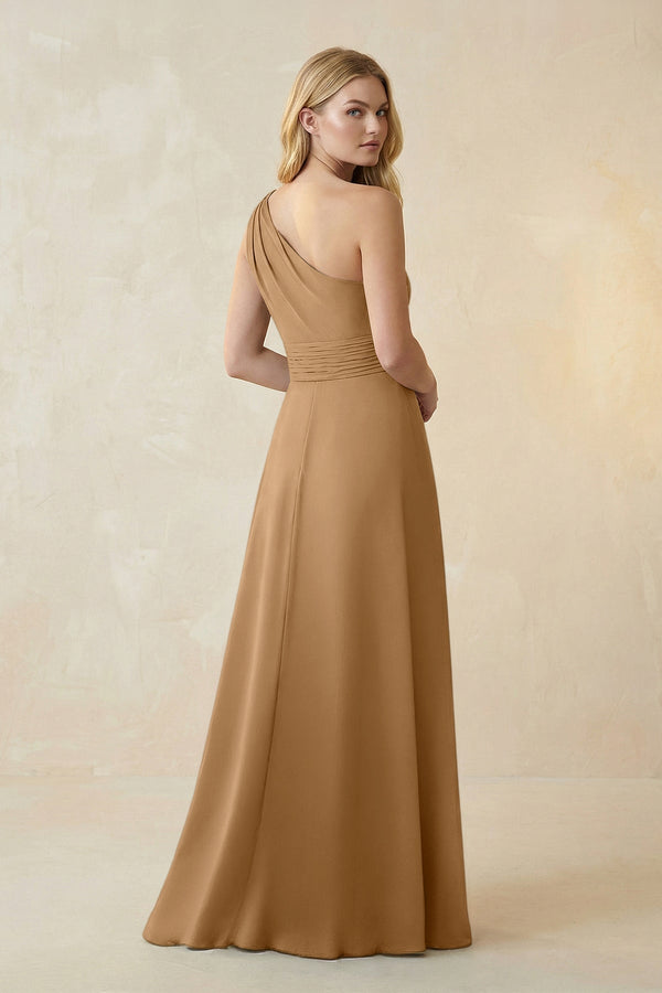 One - Shoulder Ruched A - Line Satin Bridesmaid Dress in Bronzer - KissProm Bridesmaid Dresses