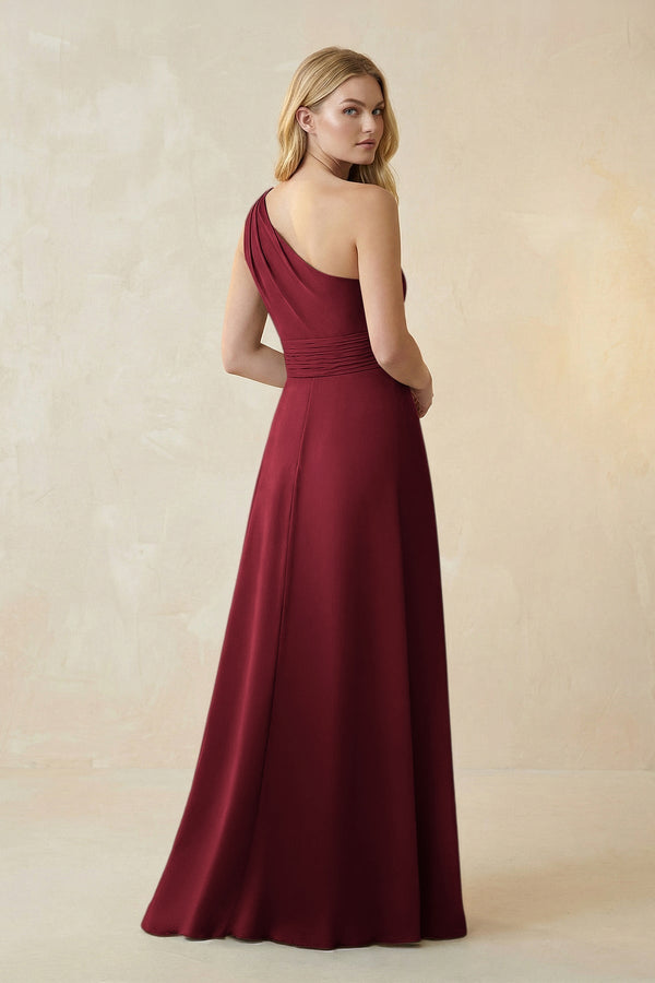 One - Shoulder Ruched A - Line Satin Bridesmaid Dress in Burgundy - KissProm Bridesmaid Dresses