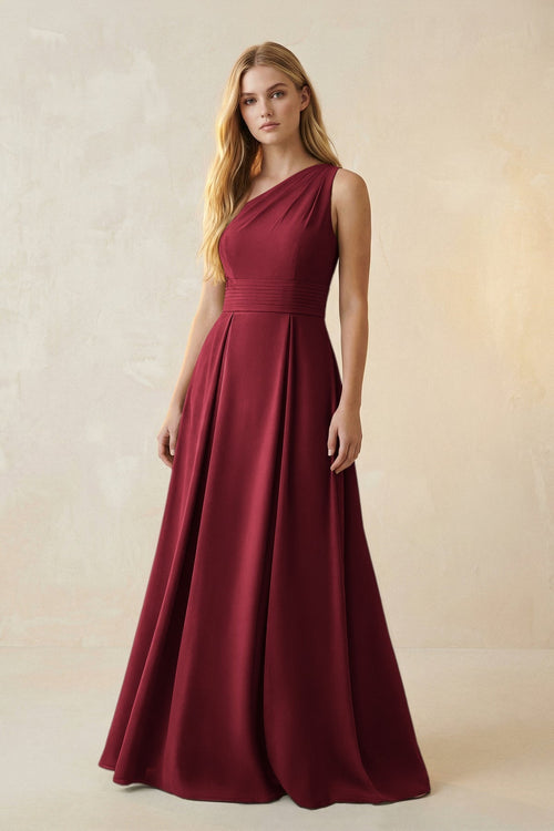 One - Shoulder Ruched A - Line Satin Bridesmaid Dress in Burgundy - KissProm Bridesmaid Dresses