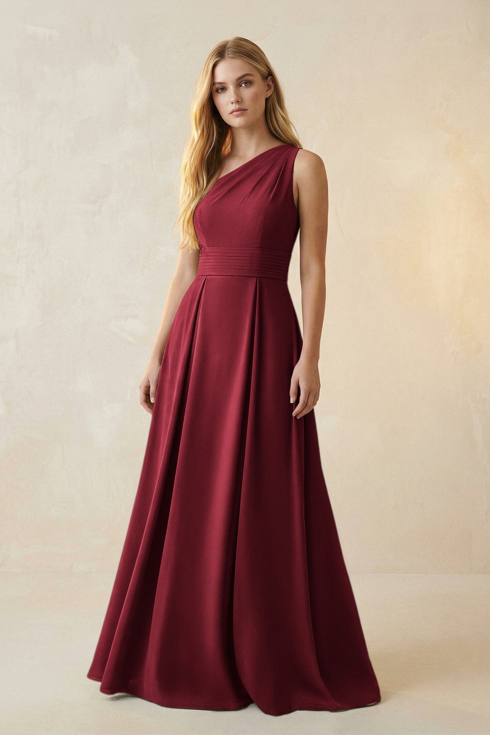 One - Shoulder Ruched A - Line Satin Bridesmaid Dress in Burgundy - KissProm Bridesmaid Dresses