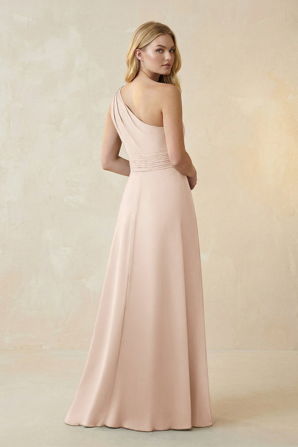 One - Shoulder Ruched A - Line Satin Bridesmaid Dress in Buttercream - KissProm Bridesmaid Dresses