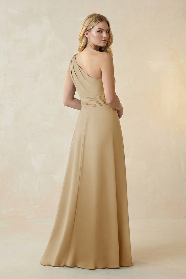 One - Shoulder Ruched A - Line Satin Bridesmaid Dress in Champagne - KissProm Bridesmaid Dresses