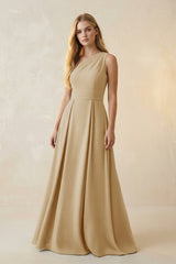 One - Shoulder Ruched A - Line Satin Bridesmaid Dress in Champagne - KissProm Bridesmaid Dresses