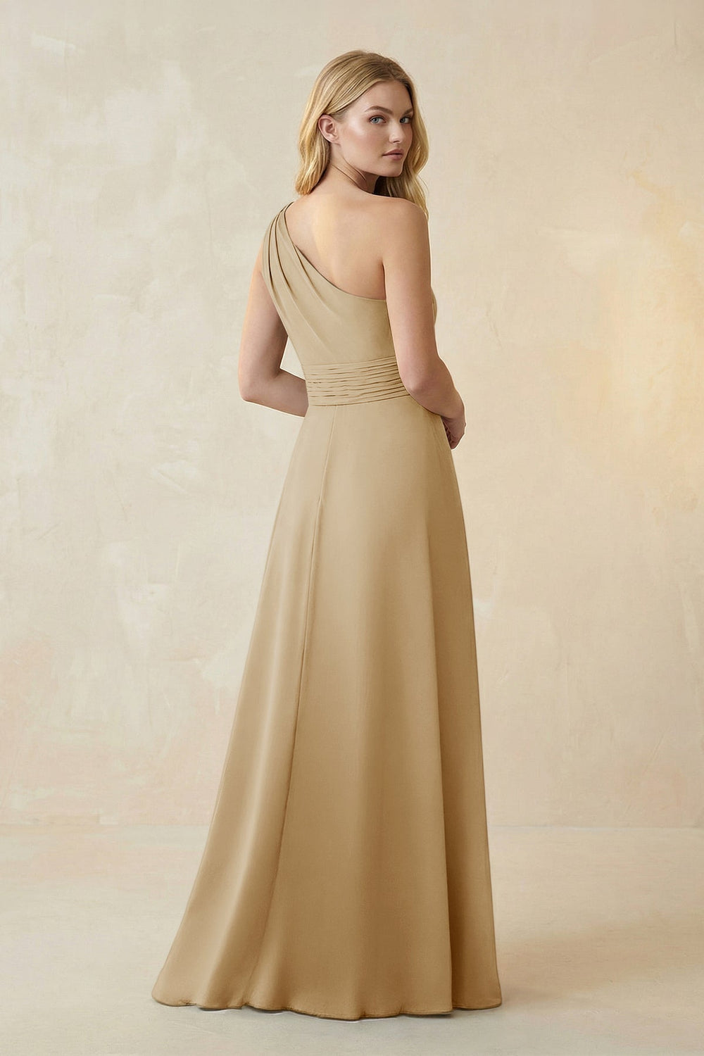 One - Shoulder Ruched A - Line Satin Bridesmaid Dress in Champagne - KissProm Bridesmaid Dresses
