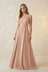 One - Shoulder Ruched A - Line Satin Bridesmaid Dress in Champagne Rose - KissProm Bridesmaid Dresses