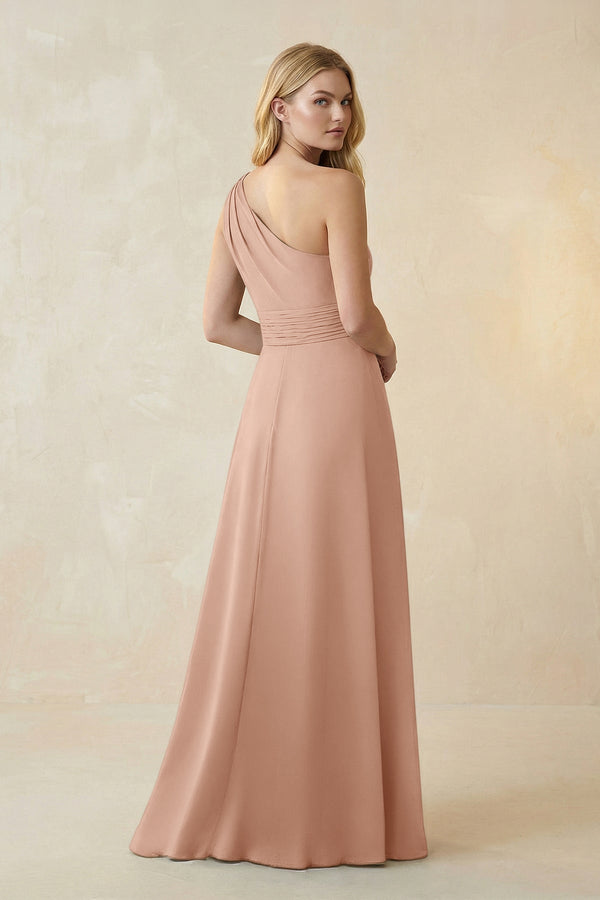 One - Shoulder Ruched A - Line Satin Bridesmaid Dress in Champagne Rose - KissProm Bridesmaid Dresses