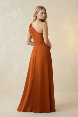 One - Shoulder Ruched A - Line Satin Bridesmaid Dress in Cinnamon - KissProm Bridesmaid Dresses