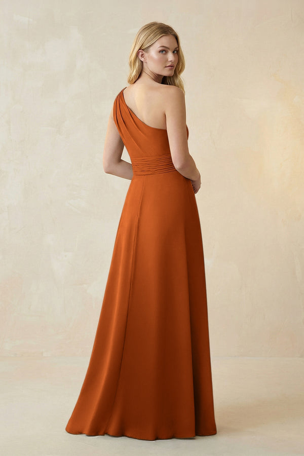 One - Shoulder Ruched A - Line Satin Bridesmaid Dress in Cinnamon - KissProm Bridesmaid Dresses