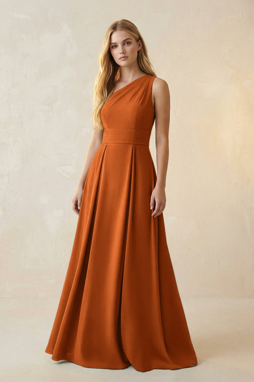 One - Shoulder Ruched A - Line Satin Bridesmaid Dress in Cinnamon - KissProm Bridesmaid Dresses