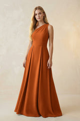 One - Shoulder Ruched A - Line Satin Bridesmaid Dress in Cinnamon - KissProm Bridesmaid Dresses