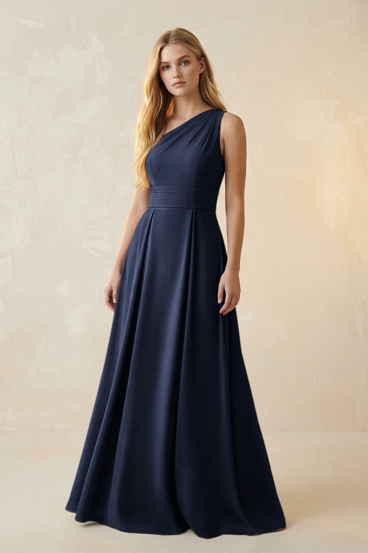 KissProm One-Shoulder Ruched A-Line Satin Bridesmaid Dress in Dark Navy, Dark Navy / 4