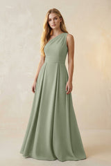 One - Shoulder Ruched A - Line Satin Bridesmaid Dress in Dove Gray - KissProm Bridesmaid Dresses